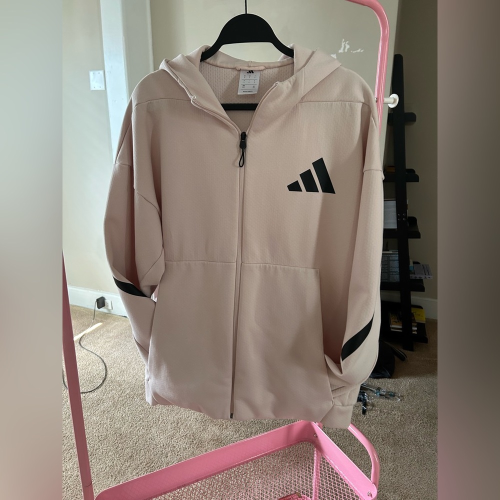 Adidas Womens Z.N.E. Full Zip Light Pink Hoodie with Black Accents - Size L